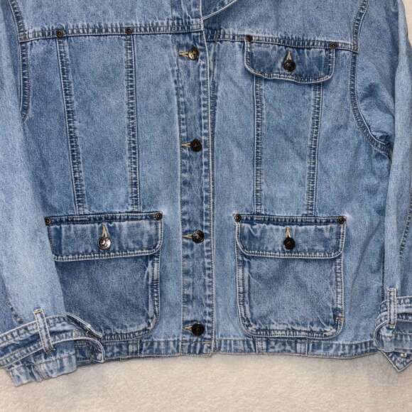 VTG Liz Claiborne Chore Jacket Womens M Petite Blue Denim Jean button Up Lizwear - Picture 2 of 10